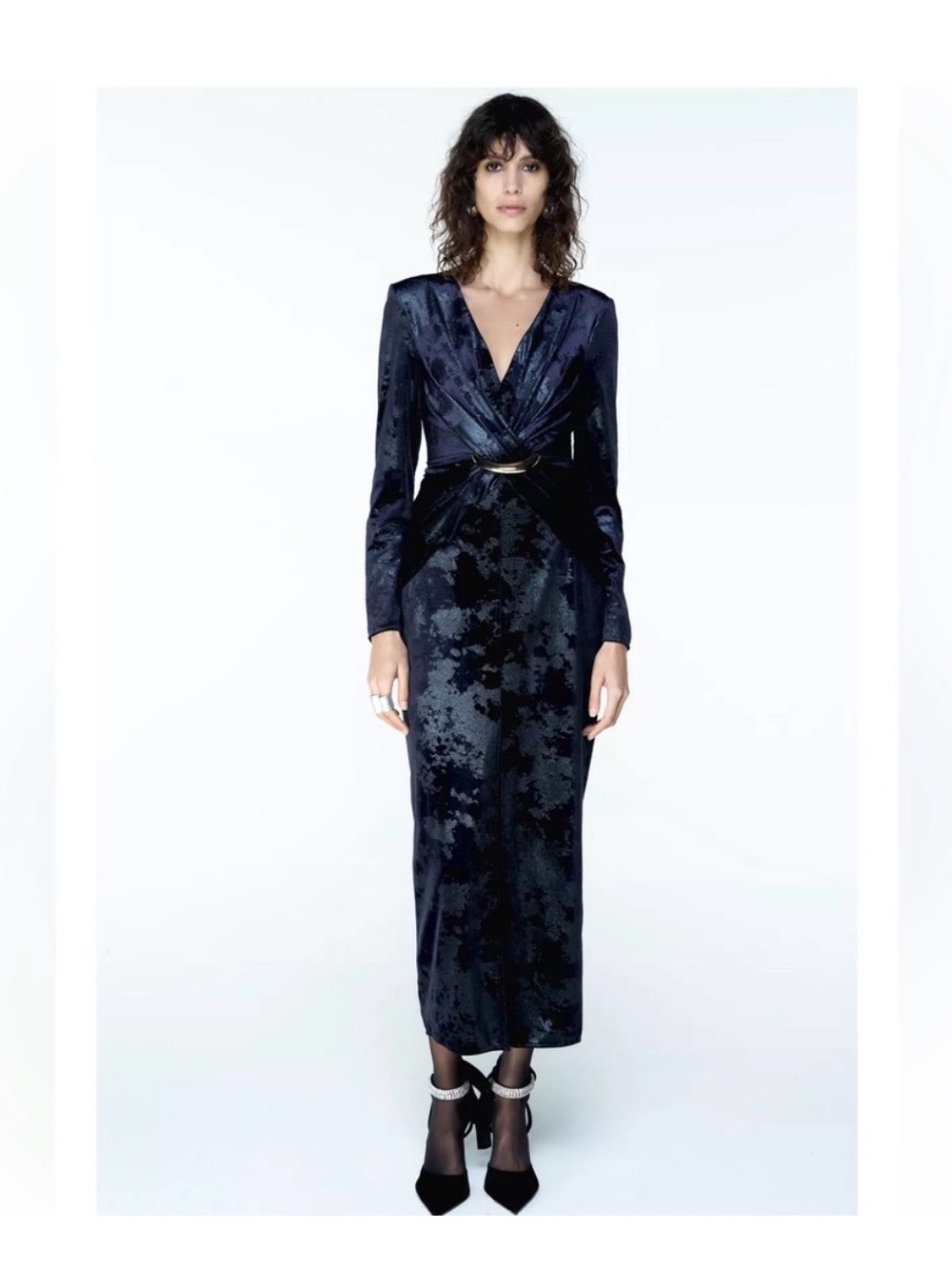 Zara Midnight Navy V‑Neck velvet Midi Dress NWT